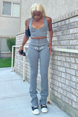 Grey High Waisted Butterfly Print Zip-Up Flare Cargo Pants