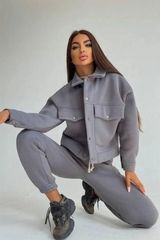 Grey Joggers Pants And Jacket Loungewear Two Piece Tracksuit Set