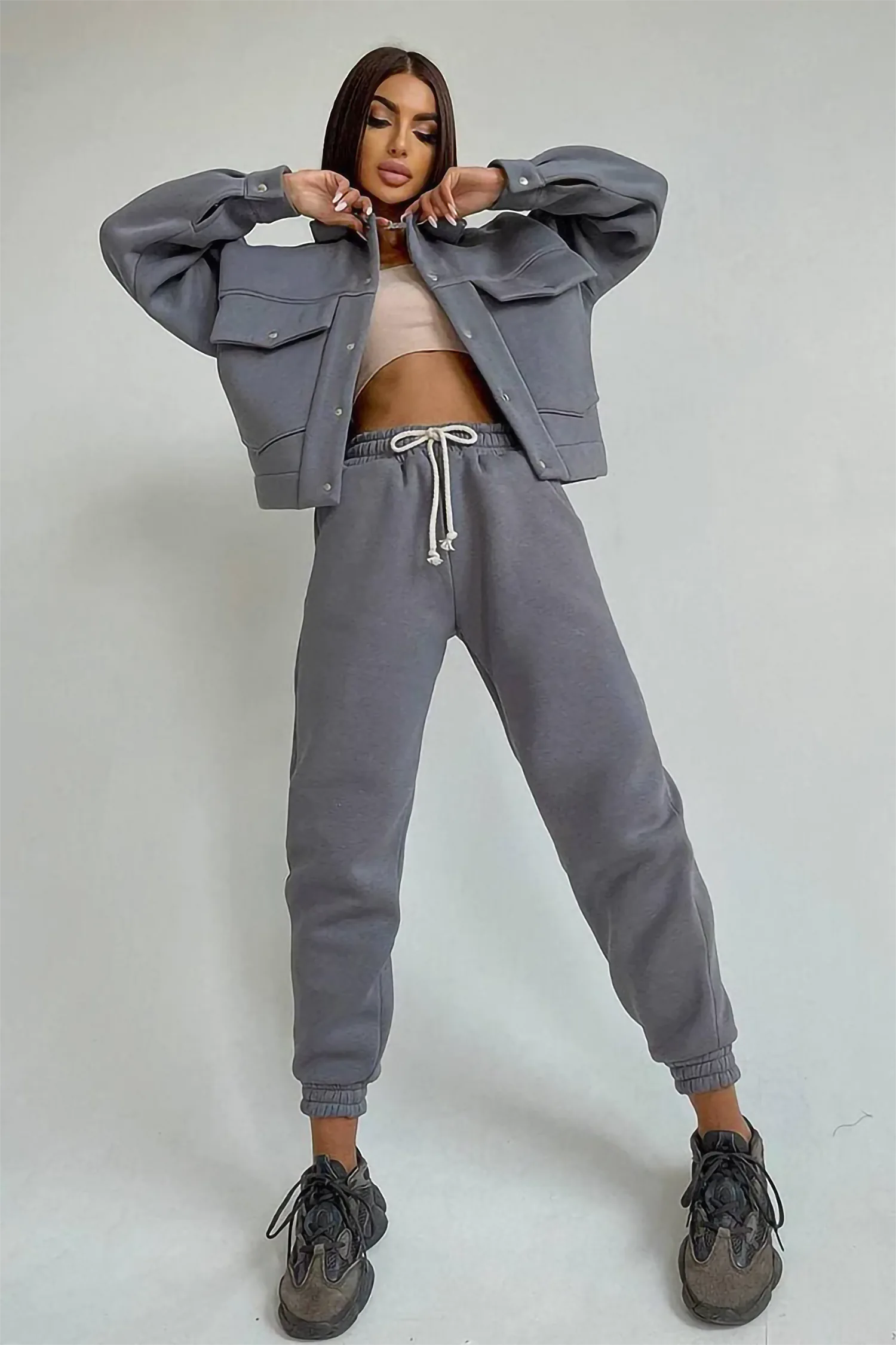 Grey Joggers Pants And Jacket Loungewear Two Piece Tracksuit Set