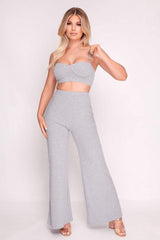 Grey Ribbed Bralette Top And Palazzo Pants Set Outfit Sets