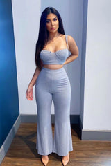 Grey Ribbed Bralette Top And Palazzo Pants Set Outfit Sets