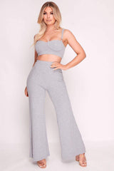 Grey Ribbed Bralette Top And Palazzo Pants Set / S Outfit Sets