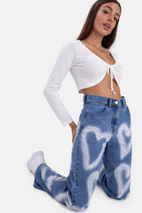 High Waisted Heart Print Blue Baggy Jean Pants