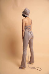 Khaki Leather One Shoulder Crop Top & Flare Low Rise Pant Set Set