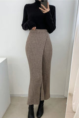 Khaki Ribbed Knit High Waist Long Skirt S / Skirts