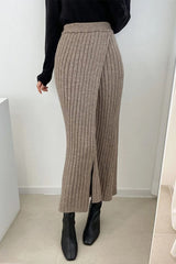 Khaki Ribbed Knit High Waist Long Skirt Skirts