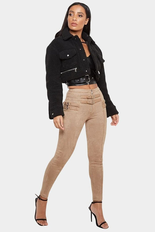 Suede Womens Pant | Buckle High Waist Trouser 2 Colors Khaki / L