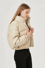 Light Beige Puffer Windbreaker Faux Leather Crop Jacket Coats & Jackets