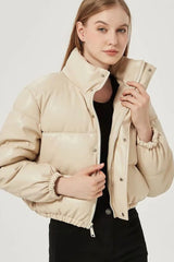 Light Beige Puffer Windbreaker Faux Leather Crop Jacket / S Coats & Jackets
