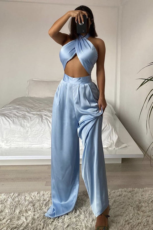 Light Blue Halter Wrap Top And Palazzo Satin Pants Set S / Outfit Sets