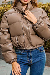 Light Brown Puffer Windbreaker Faux Leather Crop Jacket Coats & Jackets