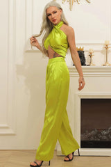 Lime Green Halter Wrap Top And Palazzo Satin Pants Set Outfit Sets