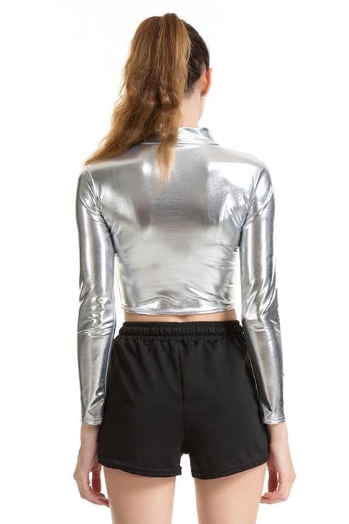 H&M Divided Women’s Shimmery Silver Metallic Cropped Short Sleeve Top