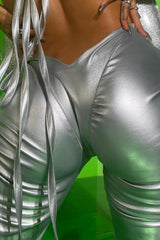 Metallic Silver Low Rise V-Cut Ruched Flare Pants