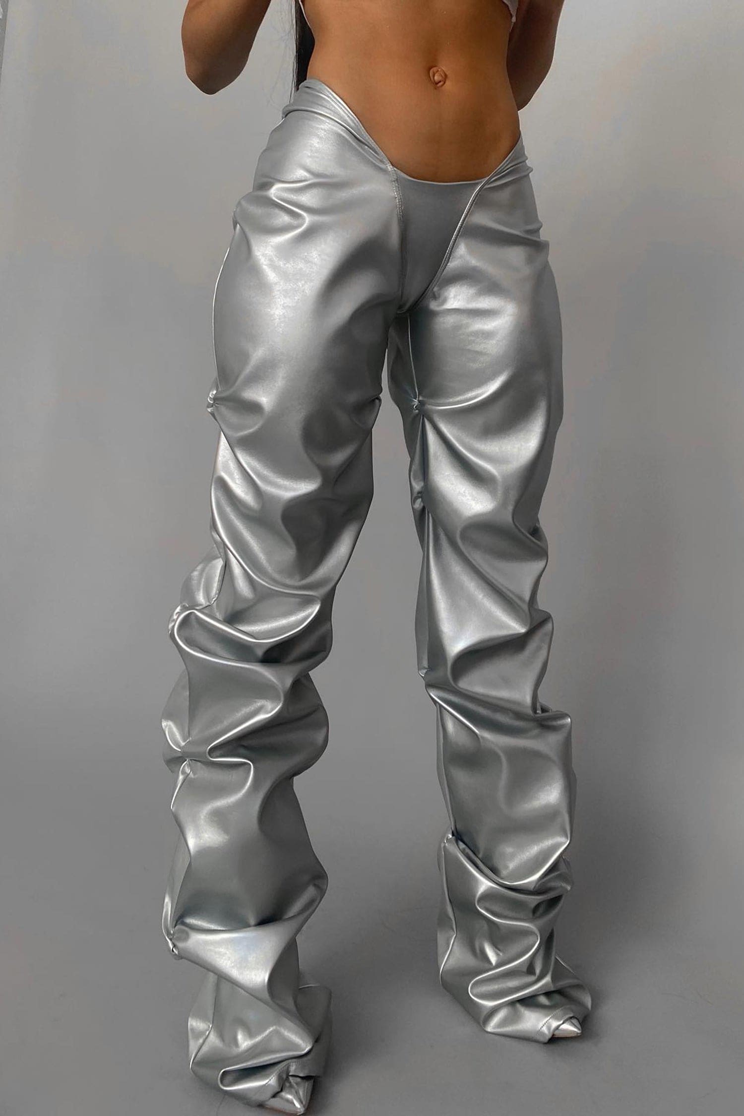 Metallic Silver Low Rise V-Cut Ruched Flare Pants – IRHAZ