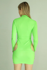 Neon Green Turtleneck Hip Cut Out Short Dress