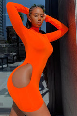 Neon Orange Turtleneck Hip Cut Out Short Dress