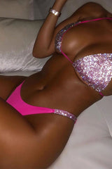 Neon Pink Rhinestone High Leg And Triangle Bikini Set / L Bikini