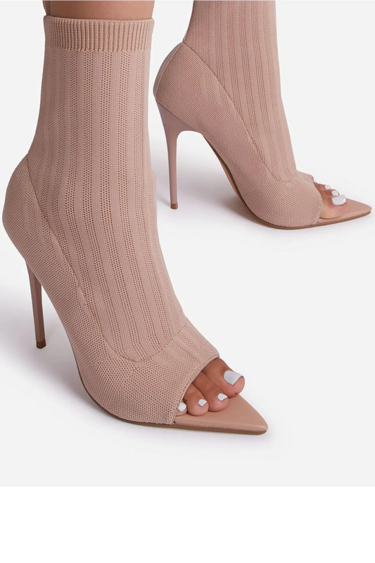 Nude Pointed Peep Toe Stiletto Heels Ankle Sock Boots