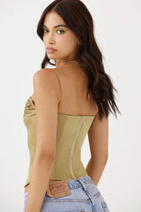 Olive Green Cowl Neck Lace-Up Satin Corset Top