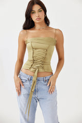 Olive Green Cowl Neck Lace-Up Satin Corset Top