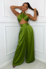 Olive Green Halter Wrap Top And Palazzo Satin Pants Set Outfit Sets