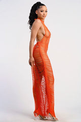 Orange Distressed Halter Crochet Beach Cover Up Maxi Dress Dresses