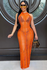 Orange Distressed Halter Crochet Beach Cover Up Maxi Dress / S Dresses