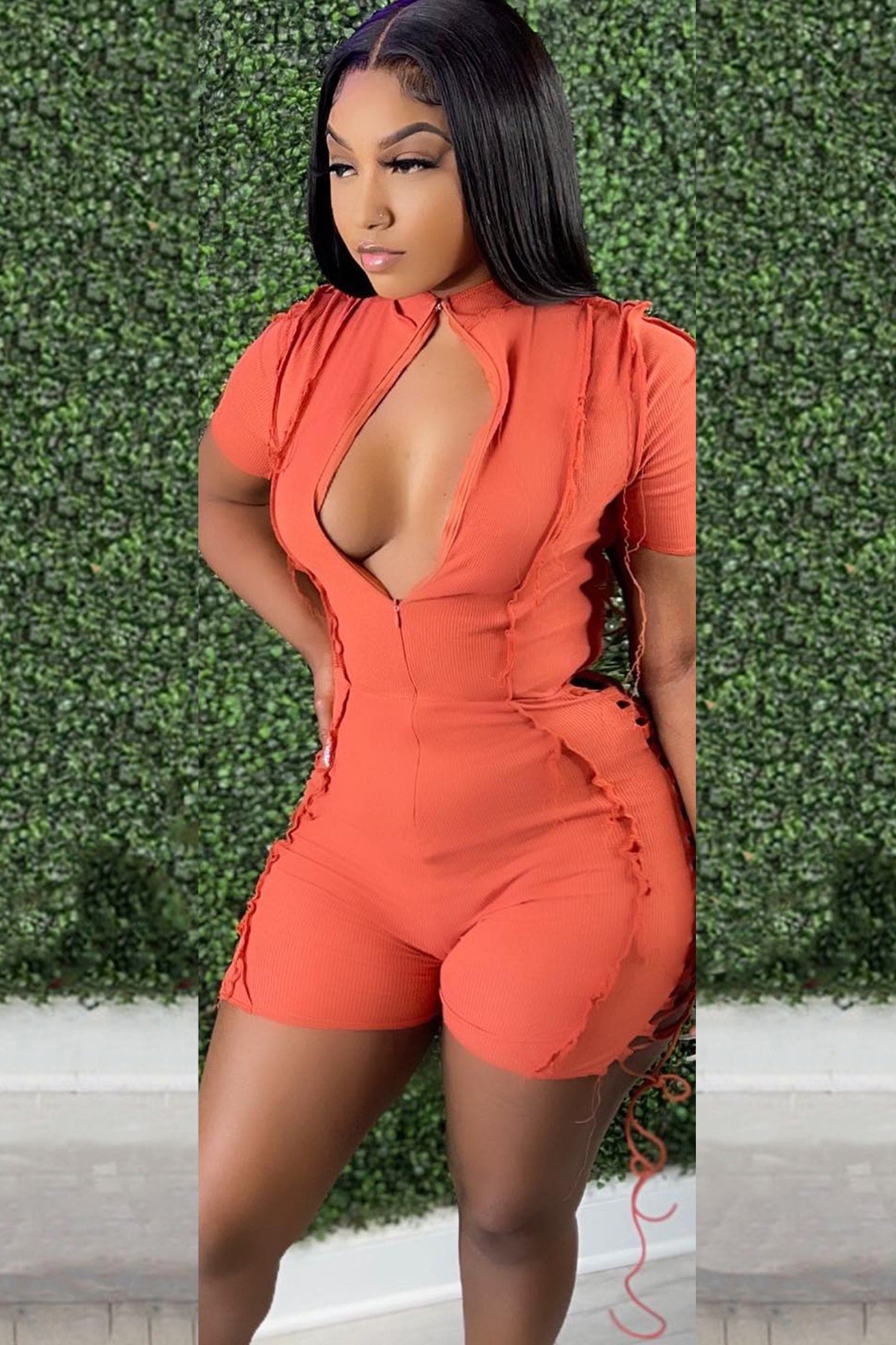 Orange Lace Up Short Sleeve Contrast Stitch Bodycon Romper Jumpsuits & Rompers