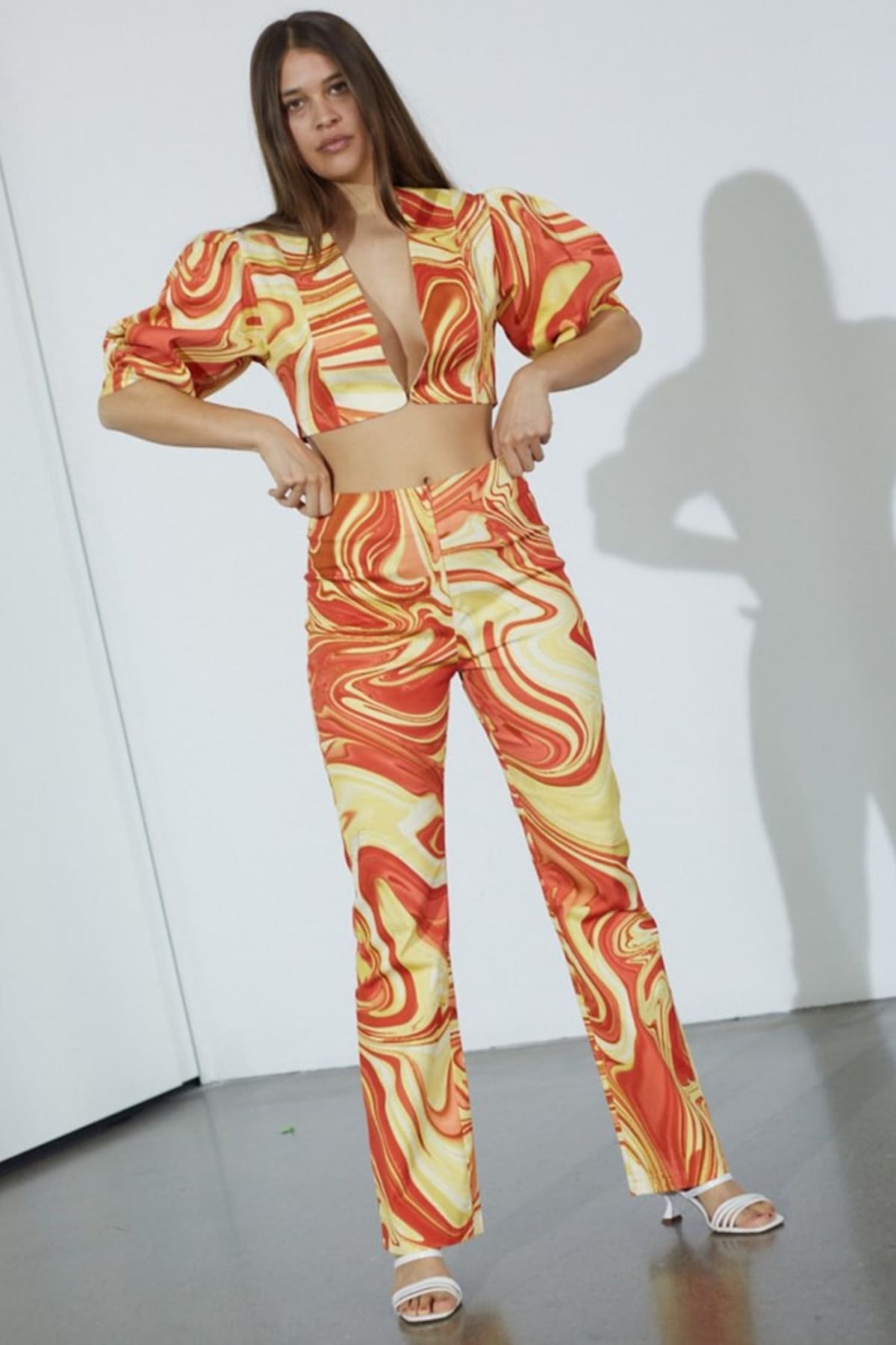Orange Marble Print Flare Pants And Crop Blazer Set Outfit Sets