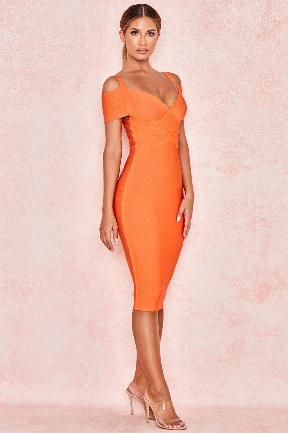 Orange Off Shoulder Bandage Bodycon Mini Dress Dress