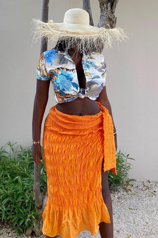 Orange Wrap Tie Ruffle Split Midi Skirt / S Skirts