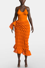 Orange Wrap Tie Ruffle Split Midi Skirt Skirts