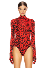 Women's Red Leopard Bodysuit With Gloved Sleeves 