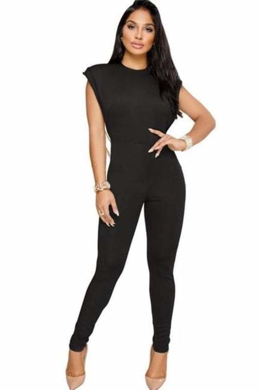 Pearl Chain Backless Sleeveless Black Jumpsuit