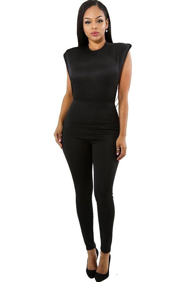 Pearl Chain Backless Sleeveless Black Jumpsuit