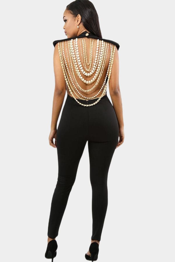 Pearl Chain Backless Sleeveless Black Jumpsuit