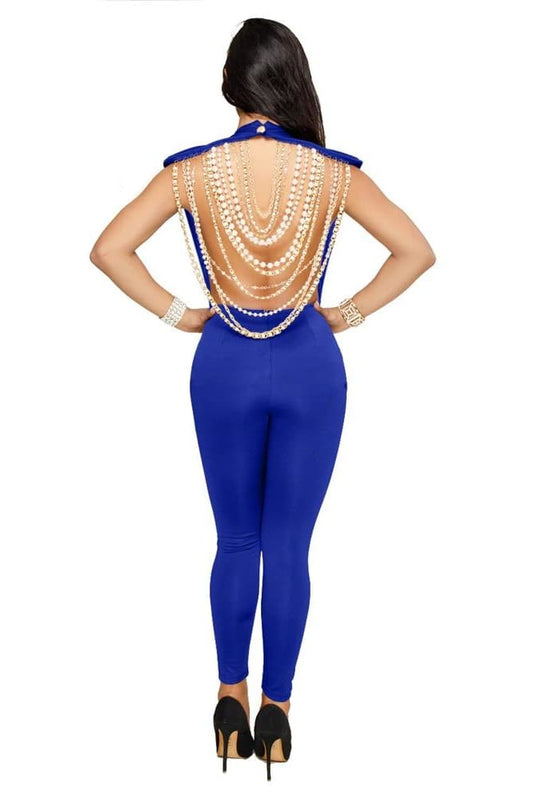 Pearl Chain Backless Sleeveless Blue Jumpsuit