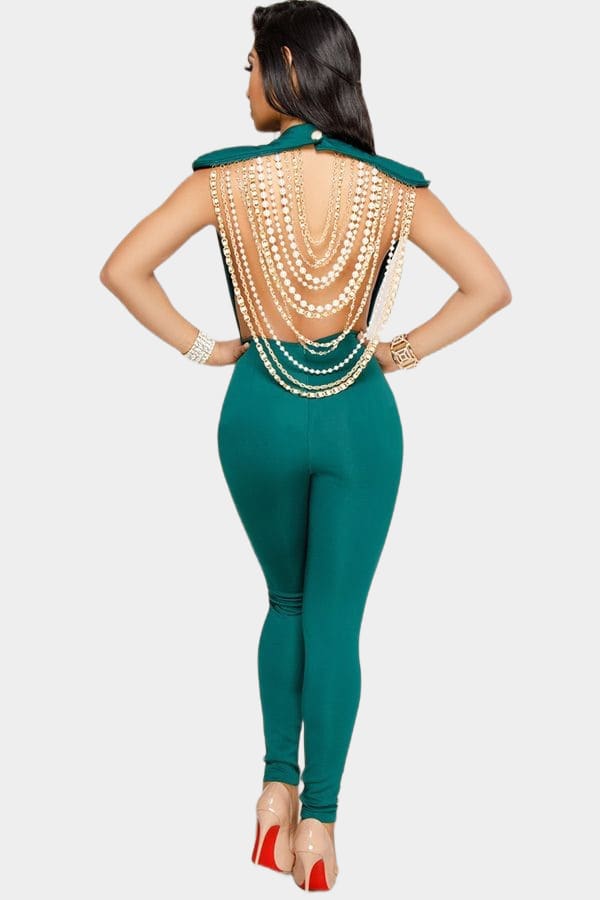 Pearl Chain Backless Sleeveless Green Jumpsuit