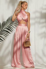 Pink Halter Wrap Top And Palazzo Satin Pants Set Outfit Sets
