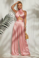 Pink Halter Wrap Top And Palazzo Satin Pants Set Outfit Sets