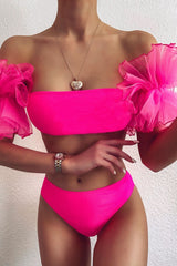 Pink High Leg Bandeau Ruffle Mesh Bikini S / Bikini