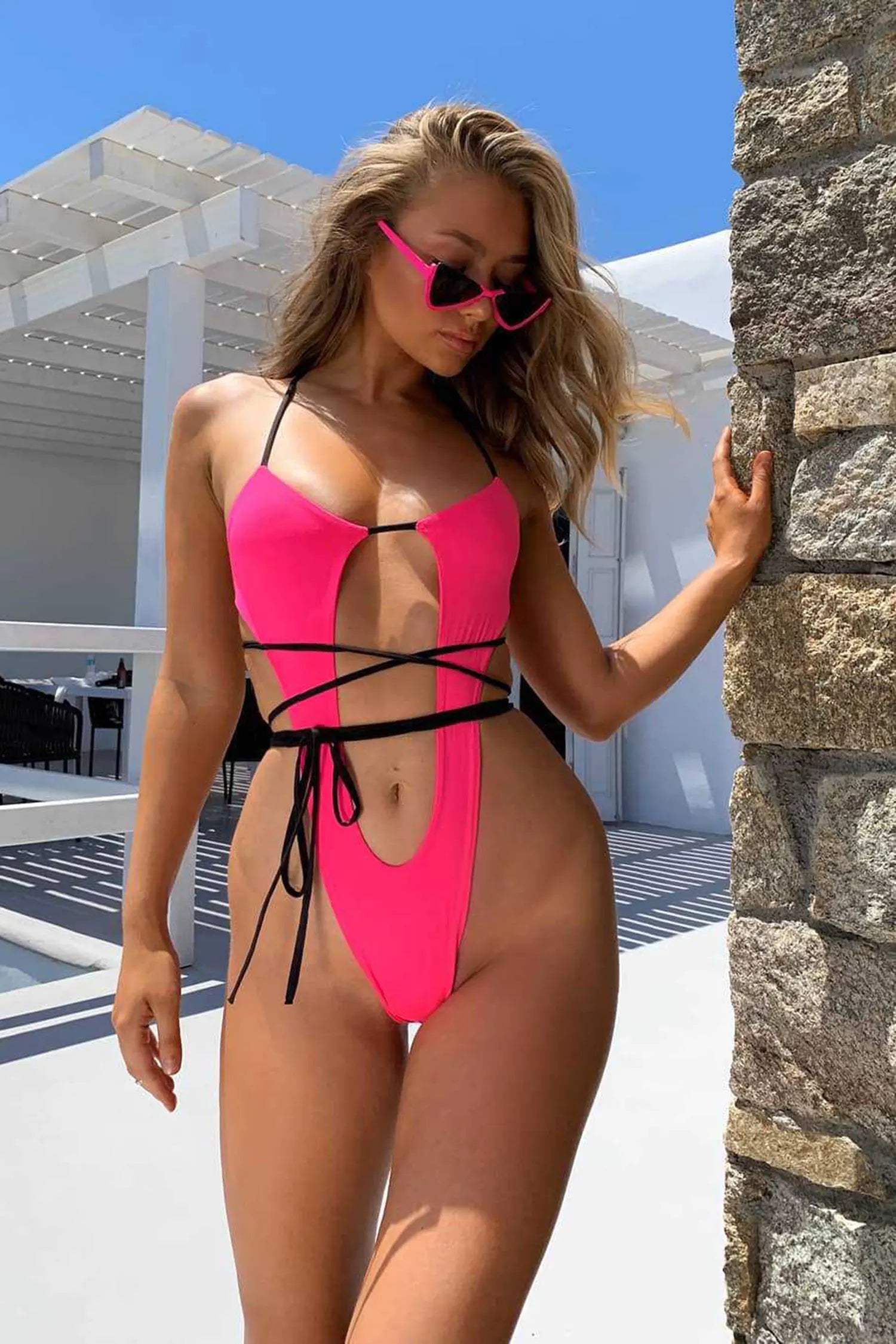 Pink High Leg Cut Out One Piece Swimsuit
