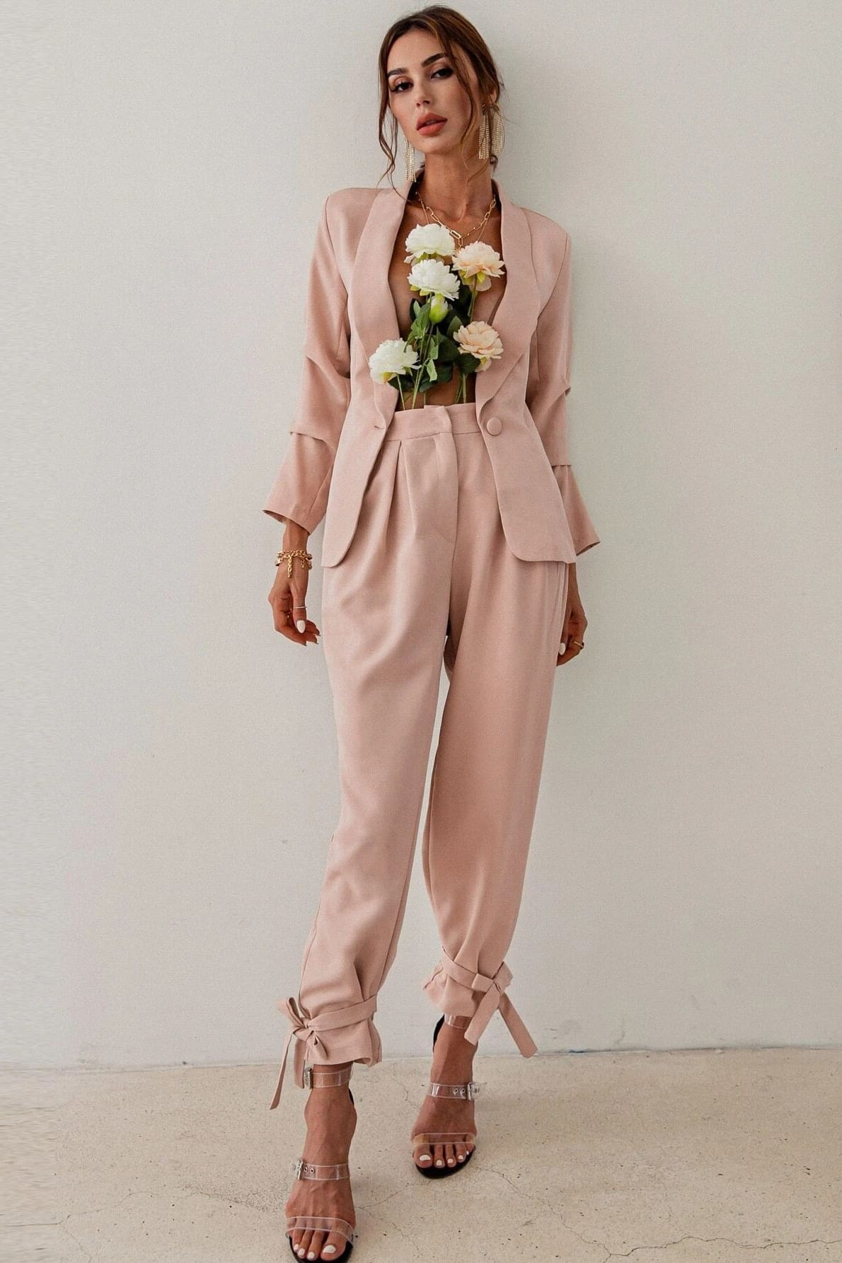 Pink High Waisted Ankle Tie Pants & Blazer Set Set