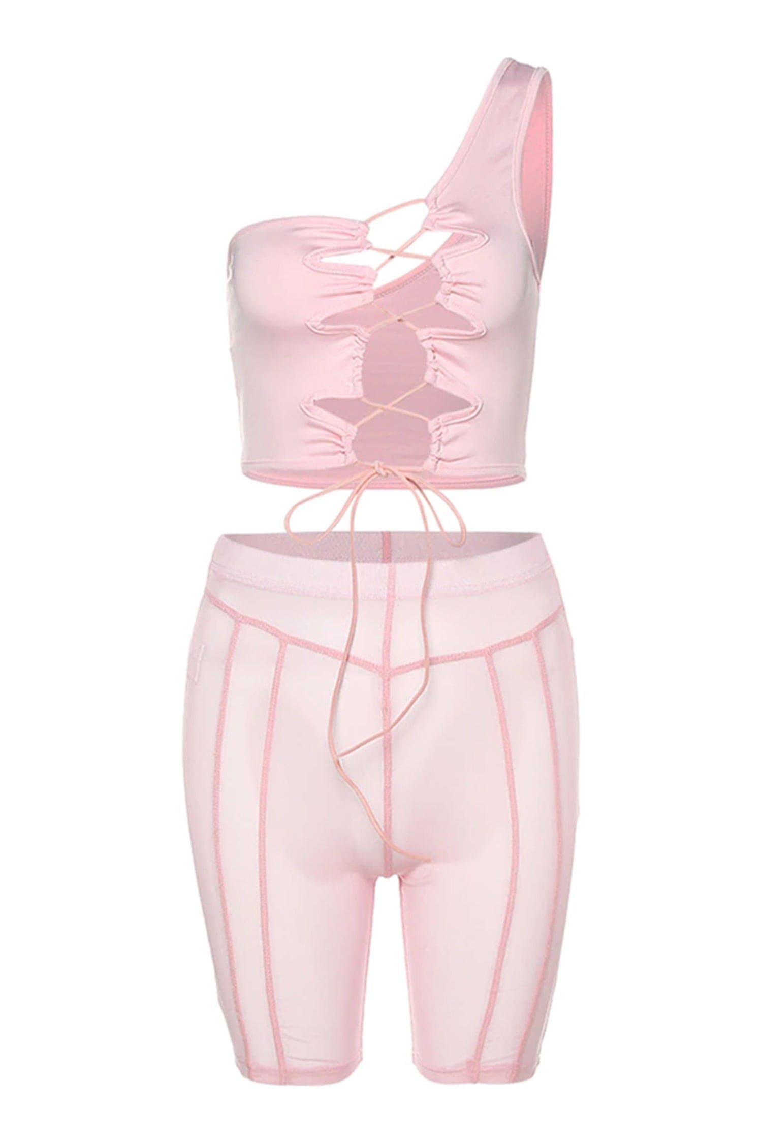 Pink Mesh Biker Shorts & One Shoulder Lace-Up Crop Top Set Outfit Sets