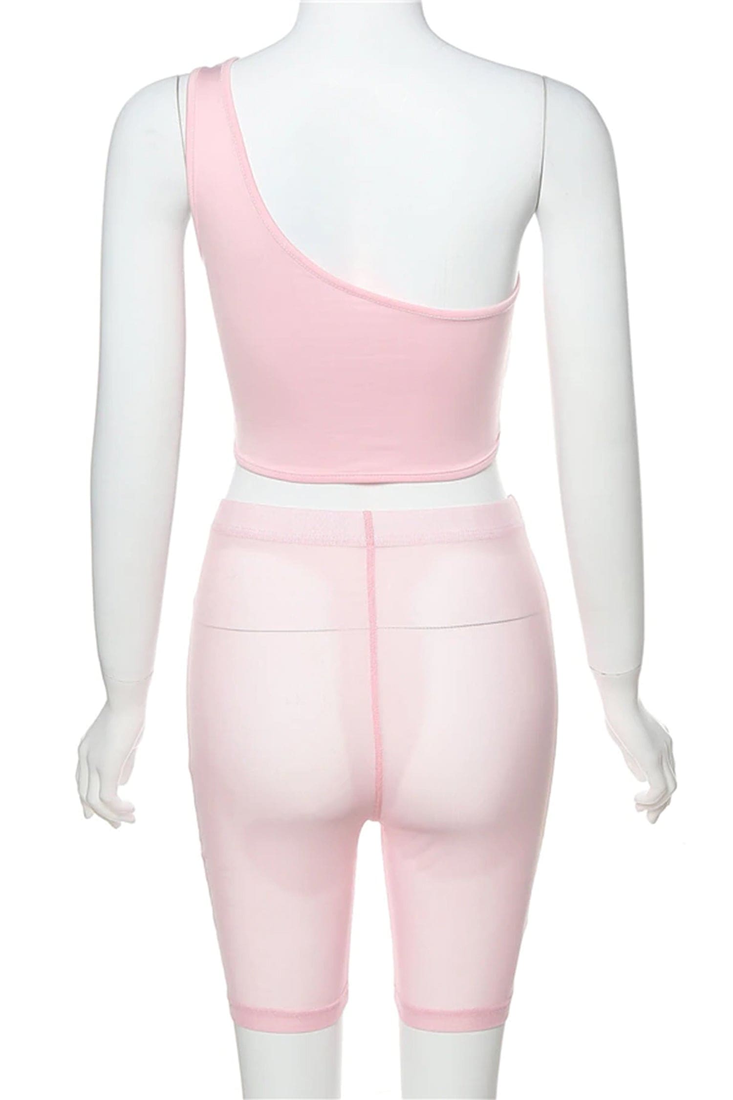 Pink Mesh Biker Shorts & One Shoulder Lace-Up Crop Top Set Outfit Sets