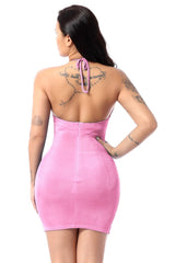 Pink Velvet Halter Cut Out Short Dress Dress