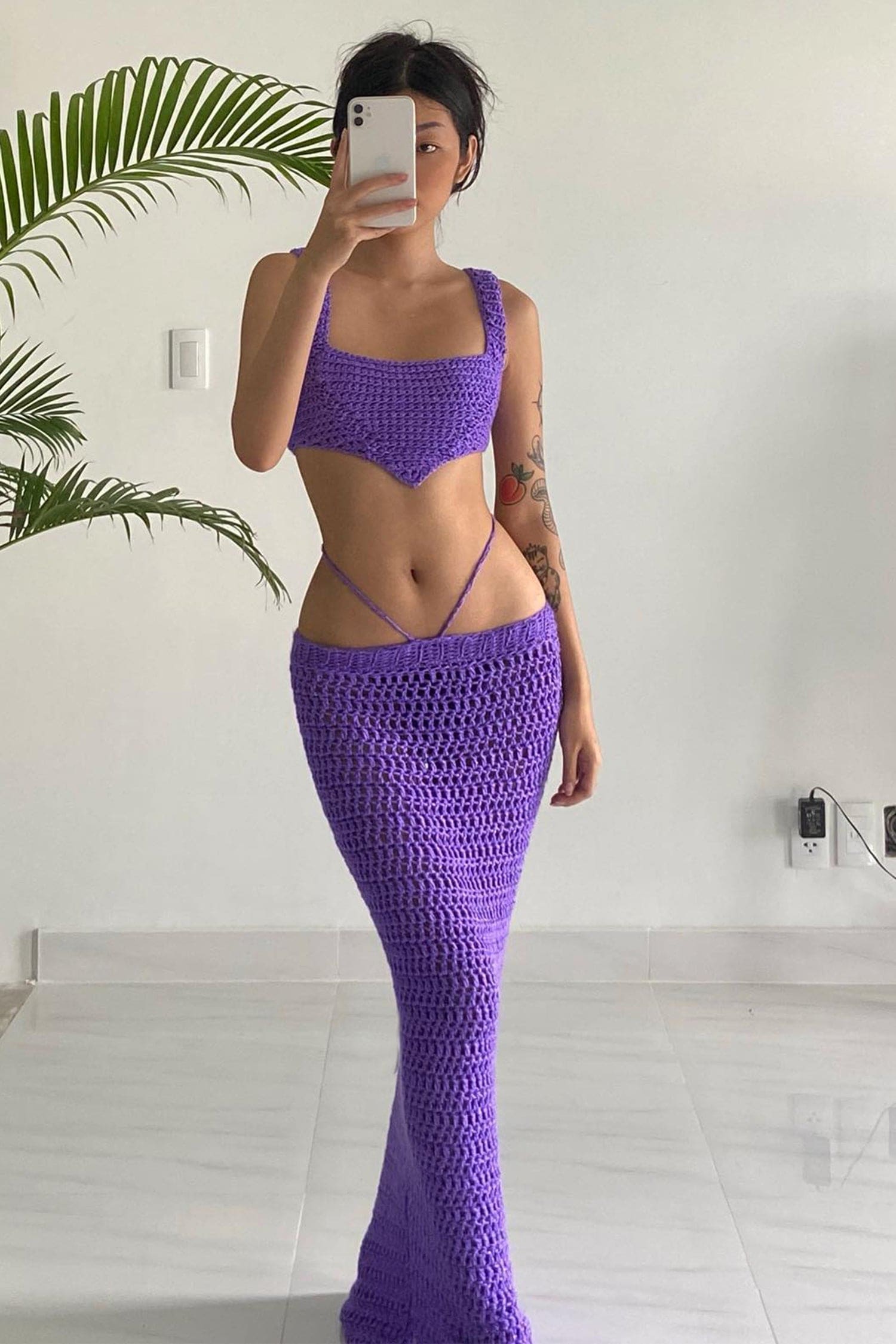 Purple Crochet Long Skirt And Crop Top Set Outfit Sets