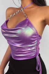 Purple Metallic Halter Chain Straps Crop Top Shirts & Tops