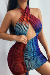 Rainbow Cut Out Ruched Halter Short Dress Dress